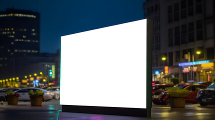Blank billboard for outdoor advertisment, Marketing adverts space or placard display in city in night, generative ai, Blank white signboard in city in night