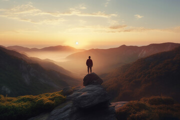 Man standing on top of cliff at sunset, Generative AI	
