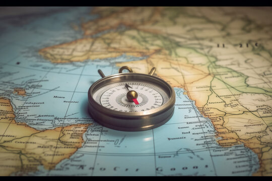 Magnetic compass and location marking with a pin on routes on world map. Adventure, discovery, navigation, communication, logistics, geo graph, Generative AI	

