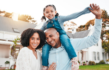 Carrying, portrait and parents with girl on shoulder relax in garden for bonding, quality time and play outdoors. Love, family home and happy dad, mom and child on summer vacation, weekend and break