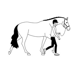 Groom exhibiting the horse, black and white vector illustration