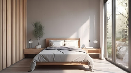 render of a cozy bedroom, modern style, soft and natural colors with wood, large window with natural light, interior render