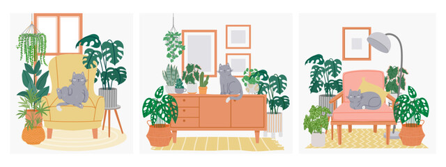 Interior with cat and houseplants. Composition with cozy home, relaxing pet cats on armchair and cupboard with flower and pots. Hygge room. Vector illustration