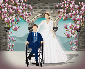 Un couple de mari&eacute;s devant un paysage avec des arcades en pierre et des magnolias. Le mari est en fauteuil roulant et souffre de handicap. Concept inclusion.