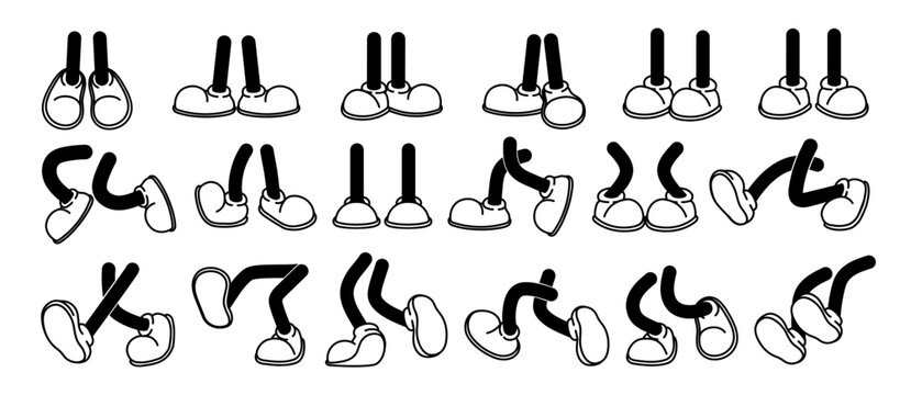 Cartoon legs in shoes. Comic retro feet in different poses, funny character mascot foot in boot, leg standing, walking, running, jumping. Vector set