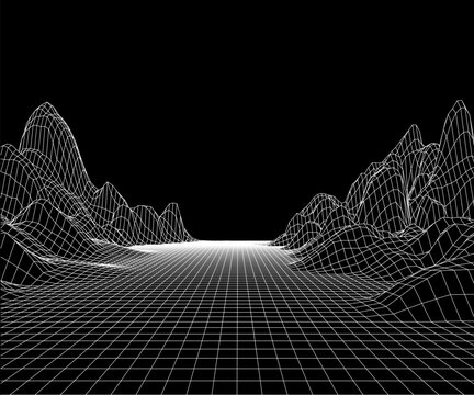 Mountains and road grid. 3d map route polygonal landscape. Futuristic space wireframe with mountain. Retrowave wallpaper with highway. Vector background