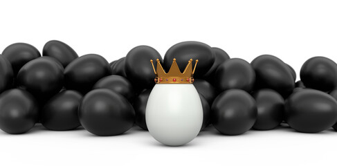 Crowd of farm black chicken eggs and unique white egg in gold royal king crown