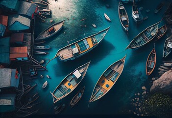 Illustration of an aerial view of fishing boats in a tropical village, AI-Generated image. Generative AI