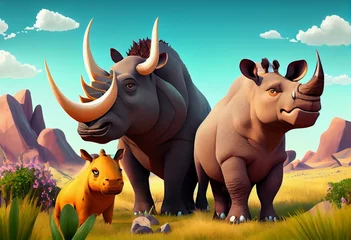 Tuinposter cartoon safari scene with cheetah lion and rhinoceros rhino near the mountain on some meadow illustration for children. Generative AI © Benjamin