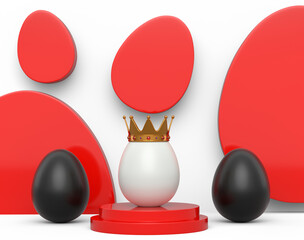 Black chicken eggs in row and unique white egg in gold royal crown on podium