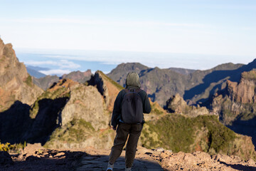Fototapeta premium Traveling woman standing on the top of the mountain and watching beautiful view of majestic mountains