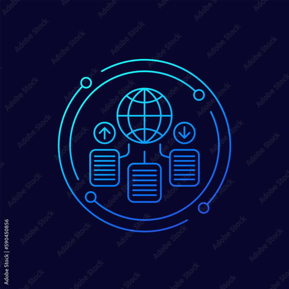 Poster global data exchange icon with documents, linear design