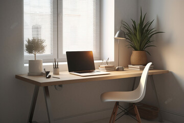 office desk with laptop, Generative AI	
