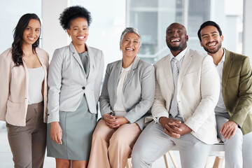 Diversity, portrait and group of business people in the office posing together after a meeting. Collaboration, staff and multiracial team of colleagues or friends standing in the modern workplace.
