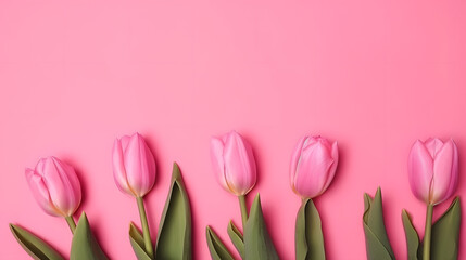 Spring tulip flowers on pink background top view in flat lay style
