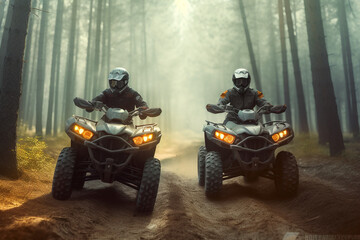 Atv riders, speed race in forest, front view, Generative AI	