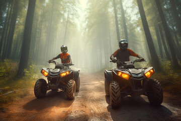 Fototapeta na wymiar Two Atv riders, speed race in forest, front view, Generative AI 