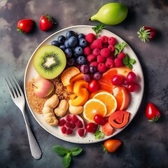 Fototapeta na wymiar Healthy life, plate with vegetables and fruit 1. Created using generative AI