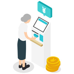 精算機で支払いをするシニア女性のアイソメトリックイラスト