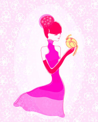 Japanese girl. beautiful young oriental girl holding a bird in the hand