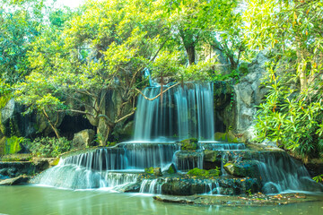 long  exposure  of waterfall flowing in forest garden