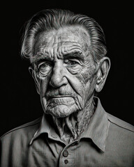 Long life - a stunning portrait of a thoughtful old wise man / grandpa looking back on his life. Black and white photo of a worker in a shirt. Generative AI