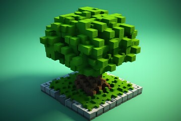 3d illustration render of cubic tree with green leaves and background. Generative Ai. 3D style oak tree. - obrazy, fototapety, plakaty