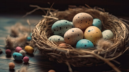 Traditional Orthodox Easter. Easter dotted eggs in a nest on wooden background. Generative AI 