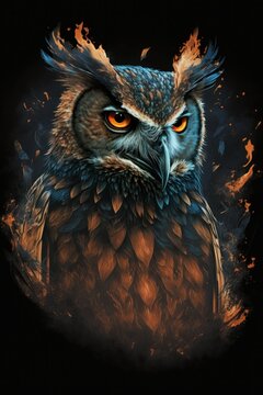 Eagle owl with fire and smoke on black background. Digital painting. Generative AI