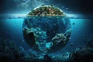 Fototapeta na wymiar Underwater world with a small island in the ocean. Generative AI
