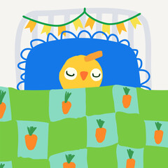 Hand drawn Easter template, doodle a chicks sleeps under a colored blanket, great for banners, wallpapers, wrapping.