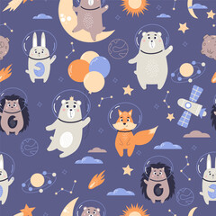 Space seamless pattern. Cute animal astronauts. Funny Bear with balloons, rabbit, fox and hedgehog on blue background with stars, meteorite and planets. Vector illustration.