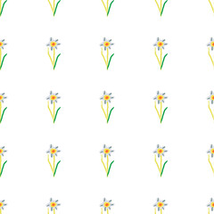 Hand drawn Easter seamless pattern, doodle daffodils on a white background, great for banners, wallpapers, wrapping.