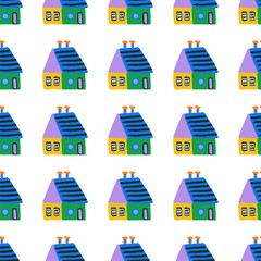 Hand drawn Easter seamless pattern, doodle a colored house on a white background, great for banners, wallpapers, wrapping. - obrazy, fototapety, plakaty