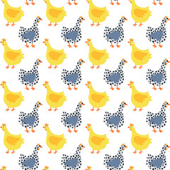 Hand drawn Easter seamless pattern, doodle colored chickens on a white background, great for banners, wallpapers, wrapping.