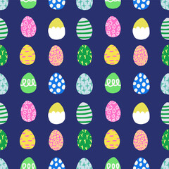 Hand drawn Easter seamless pattern, doodle colorful easter eggs on a blue background, great for banners, wallpapers, wrapping.