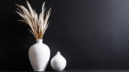 Vase with decorative plant branch against black wall background. Minimalist interior mockup. Generative AI