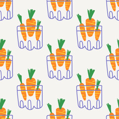Hand drawn Easter seamless pattern, doodle carrots in a transparent container on a beige background, great for banners, wallpapers, wrapping.