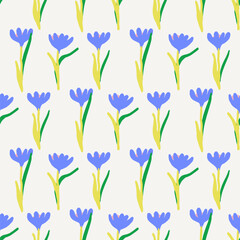 Hand drawn Easter seamless pattern, doodle crocuses on a beige background, great for banners, wallpapers, wrapping.