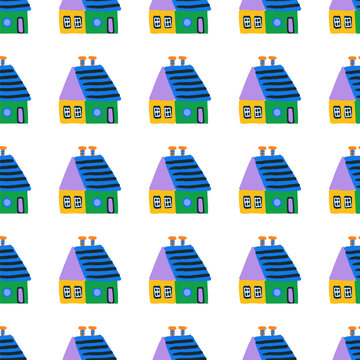 Hand drawn Easter seamless pattern, doodle a colored house on a white background, great for banners, wallpapers, wrapping.