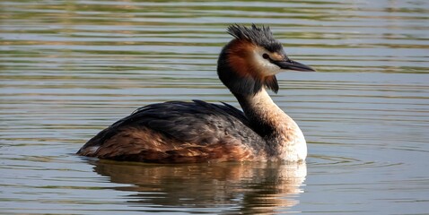 Great crested grebe swimming in a pond.