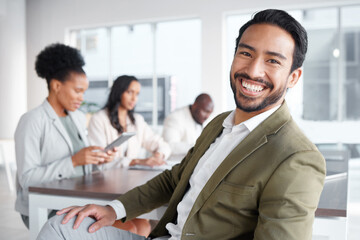 Portrait, meeting and a business man in the boardroom with a positive mindset for planning or strategy. Corporate, professional and vision with a young male employee sitting in his work office