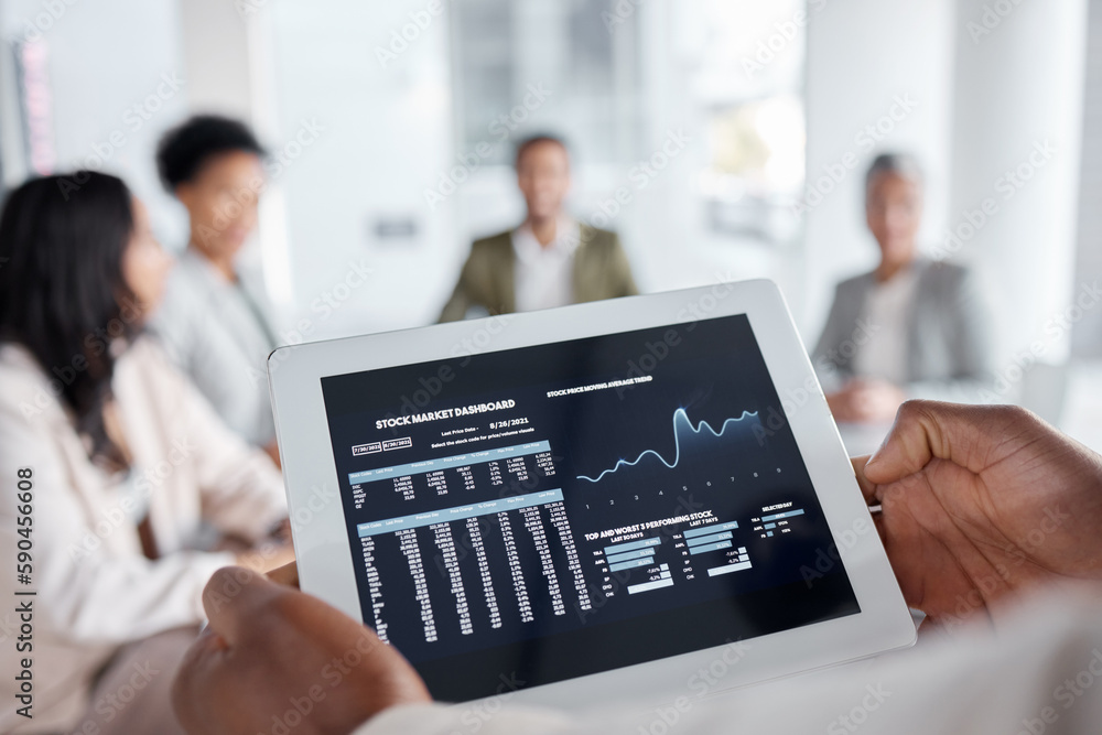 Poster tablet in hands, screen and stock market dashboard, statistics with data analytics, business people 