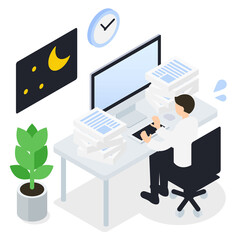 残業・業務が多い男性のアイソメトリックイラスト