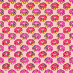 Tasty Donuts with Glaze and Different Toppings on Blue Background. Seamless Pattern.	