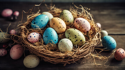 Obraz premium Traditional Orthodox Easter. Easter dotted in a nest on wooden background. Generative AI 