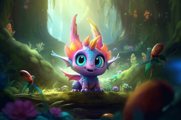 Super Cute little rainbow colored baby dragon in the forest. Multicolor Funny cartoon character monster with big eyes. Fantasy. 3D illustration.