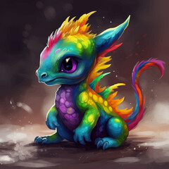 Super Cute little rainbow colored baby dragon. Isolated. Funny cartoon character monster with big eyes. Fantasy. 3D illustration.