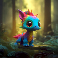 Super Cute little rainbow colored baby dragon in the forest. Funny cartoon character monster with big eyes. Fantasy. 3D illustration.