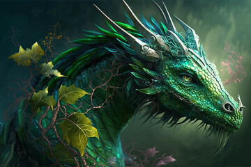 Head of green fantasy dragon. Mythological creatures. Fantastic monster. Ancient reptile.